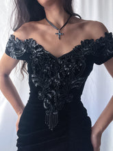 Load image into Gallery viewer, 90’s Caché Beaded Jewel Black Velvet Fitted Evening Gown- Made in USA (XS-M)