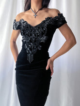 Load image into Gallery viewer, 90’s Caché Beaded Jewel Black Velvet Fitted Evening Gown- Made in USA (XS-M)
