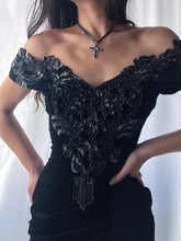 Load image into Gallery viewer, 90’s Caché Beaded Jewel Black Velvet Fitted Evening Gown- Made in USA (XS-M)