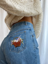 Load image into Gallery viewer, Hand Embroidered Floral Basket 90’s Denim Jeans by Bella Rosalia