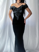 Load image into Gallery viewer, 90’s Caché Beaded Jewel Black Velvet Fitted Evening Gown- Made in USA (XS-M)