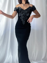 Load image into Gallery viewer, 90’s Caché Beaded Jewel Black Velvet Fitted Evening Gown- Made in USA (XS-M)