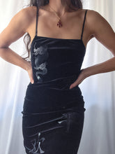 Load image into Gallery viewer, Y2K Velvet Burnout Delia’s Fitted Maxi Gown LBD (XS-S)