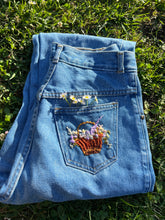 Load image into Gallery viewer, Hand Embroidered Floral Basket 90’s Denim Jeans by Bella Rosalia