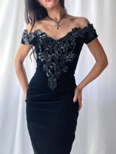 Load image into Gallery viewer, 90’s Caché Beaded Jewel Black Velvet Fitted Evening Gown- Made in USA (XS-M)