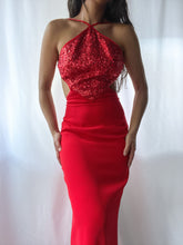 Load image into Gallery viewer, 90’s Caché Ruby Sequin Backless Halter Gown (XS-S)