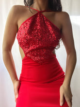 Load image into Gallery viewer, 90’s Caché Ruby Sequin Backless Halter Gown (XS-S)