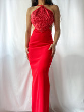 Load image into Gallery viewer, 90’s Caché Ruby Sequin Backless Halter Gown (XS-S)
