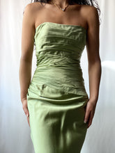 Load image into Gallery viewer, Stunning Y2K Strapless Chartreuse Satin Ruched Full Length Gown (S/M)