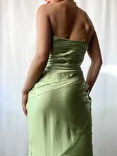 Load image into Gallery viewer, Stunning Y2K Strapless Chartreuse Satin Ruched Full Length Gown (S/M)