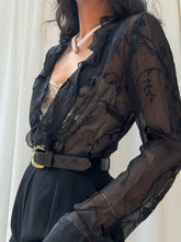 Load image into Gallery viewer, 90’s Vintage Silk Sheer Black Floral Burnout Blouse (XS-M)

