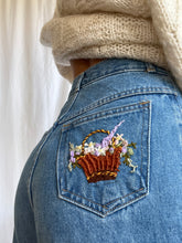 Load image into Gallery viewer, Hand Embroidered Floral Basket 90’s Denim Jeans by Bella Rosalia
