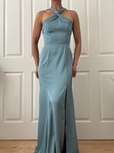 Load image into Gallery viewer, Y2K Vintage Steel Blue Satin Halter Neck Full Length Summer Wedding Guest Gown (XS)

