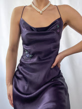 Load image into Gallery viewer, 100% Silk Charmeuse Bias Cut Eggplant Purple Backless Gown with Beaded Detailing (XS-M)
