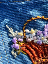 Load image into Gallery viewer, Hand Embroidered Floral Basket 90’s Denim Jeans by Bella Rosalia
