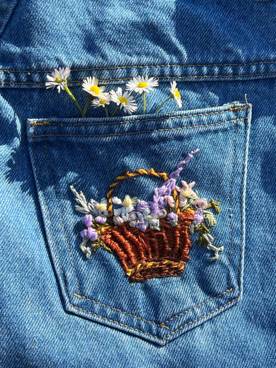 Hand Embroidered Floral Basket 90’s Denim Jeans by Bella Rosalia