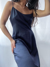 Load image into Gallery viewer, 100% Silk Charmeuse 1990’s Vintage Navy Slip Dress (M/L)
