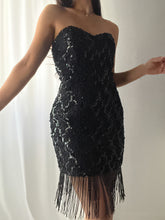 Load image into Gallery viewer, 1980’s Vintage Black Sequin Beaded Fringe Minidress (M)- Made in USA
