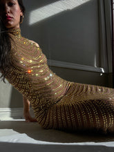 Load image into Gallery viewer, Glimmering Rhinestone Embellished Y2K Golden Goddess Evening Gown ( XS-M)
