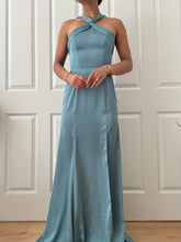 Load image into Gallery viewer, Y2K Vintage Steel Blue Satin Halter Neck Full Length Summer Wedding Guest Gown (XS)
