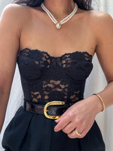 Load image into Gallery viewer, Rare 1970’s Vintage Victoria’s Secret Gold Label Black Lace Bustier (XS-S)

