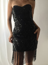 Load image into Gallery viewer, 1980’s Vintage Black Sequin Beaded Fringe Minidress (M)- Made in USA
