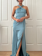 Load image into Gallery viewer, Y2K Vintage Steel Blue Satin Halter Neck Full Length Summer Wedding Guest Gown (XS)

