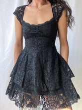 Load image into Gallery viewer, Lace Trim Double Layer Free People Tiered Black Mini Dress (XS-S)
