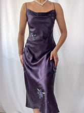 Load image into Gallery viewer, 100% Silk Charmeuse Bias Cut Eggplant Purple Backless Gown with Beaded Detailing (XS-M)
