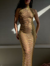 Load image into Gallery viewer, Glimmering Rhinestone Embellished Y2K Golden Goddess Evening Gown ( XS-M)
