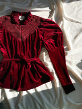 Load image into Gallery viewer, 1990’s Renaissance Inspired Romantic Red Velour Peplum Top- Upcycled by Bella Rosalia (XS-M)

