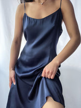 Load image into Gallery viewer, 100% Silk Charmeuse 1990’s Vintage Navy Slip Dress (M/L)
