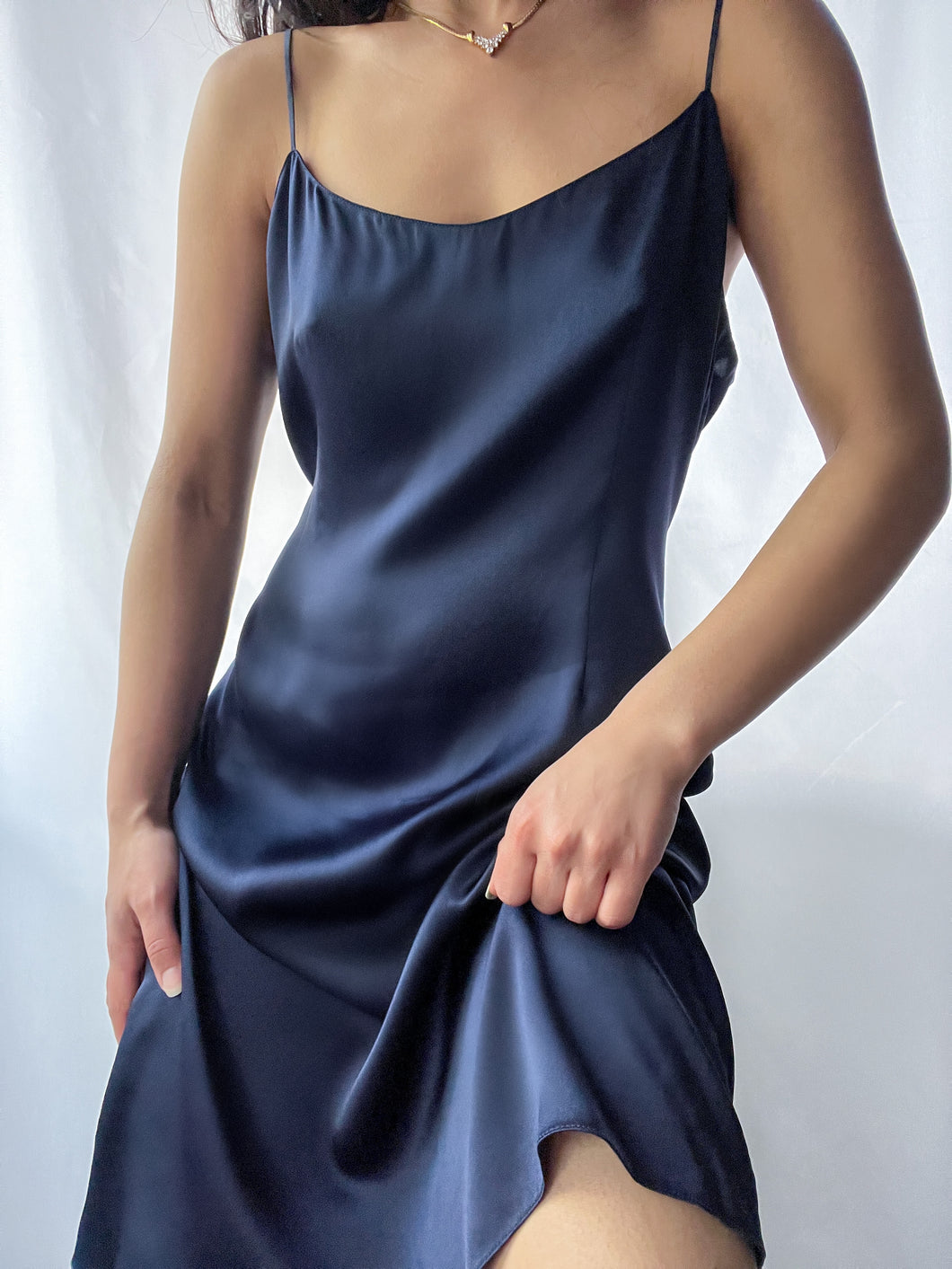 100% Silk Charmeuse 1990’s Vintage Navy Slip Dress (M/L)