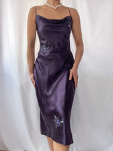 Load image into Gallery viewer, 100% Silk Charmeuse Bias Cut Eggplant Purple Backless Gown with Beaded Detailing (XS-M)
