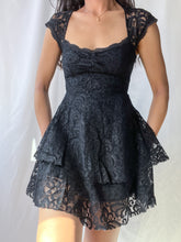 Load image into Gallery viewer, Lace Trim Double Layer Free People Tiered Black Mini Dress (XS-S)
