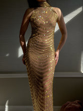 Load image into Gallery viewer, Glimmering Rhinestone Embellished Y2K Golden Goddess Evening Gown ( XS-M)
