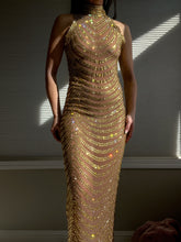 Load image into Gallery viewer, Glimmering Rhinestone Embellished Y2K Golden Goddess Evening Gown ( XS-M)
