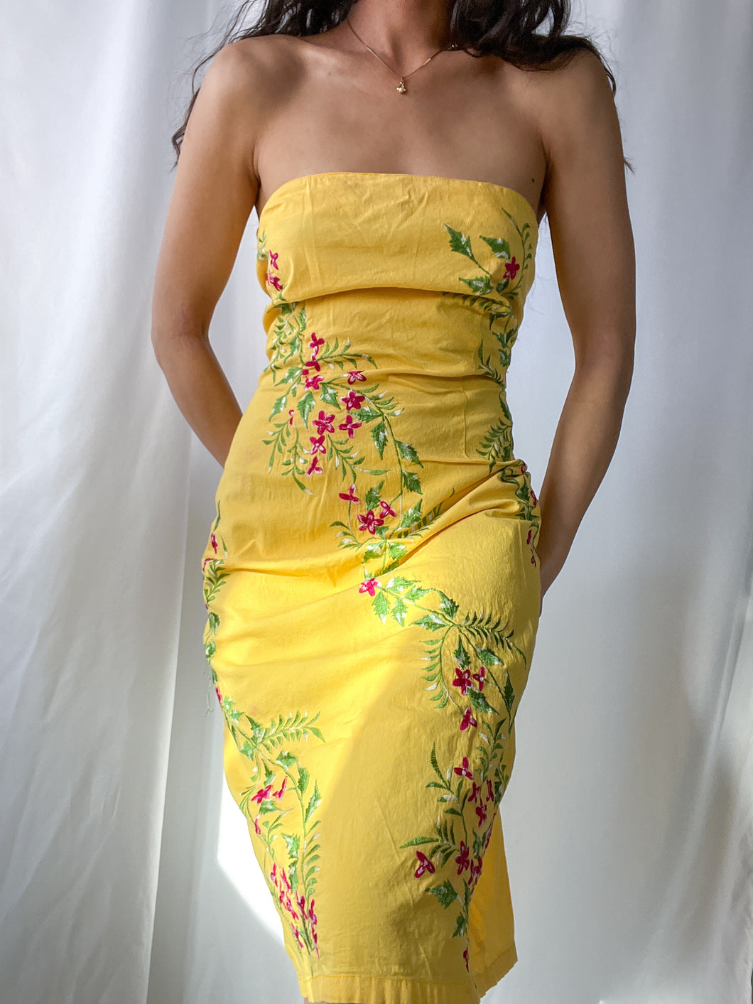 1990's Vintage Tropical Sunset Summer Strapless Dress (M/L)