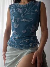 Load image into Gallery viewer, 100% Silk Paisley Floral Beaded Teal Sultry Top (XS-M)
