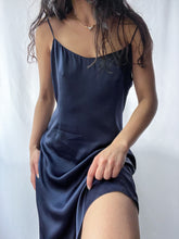 Load image into Gallery viewer, 100% Silk Charmeuse 1990’s Vintage Navy Slip Dress (M/L)
