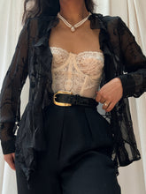 Load image into Gallery viewer, 90’s Vintage Silk Sheer Black Floral Burnout Blouse (XS-M)
