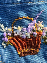 Load image into Gallery viewer, Hand Embroidered Floral Basket 90’s Denim Jeans by Bella Rosalia
