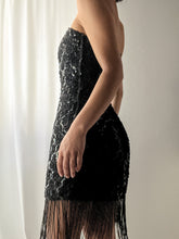 Load image into Gallery viewer, 1980’s Vintage Black Sequin Beaded Fringe Minidress (M)- Made in USA
