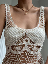 Load image into Gallery viewer, 1970’s Vintage Knit Cream Cotton Fishnet Mini Dress/ Swimsuit Coverup (XS-M)
