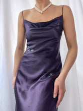 Load image into Gallery viewer, 100% Silk Charmeuse Bias Cut Eggplant Purple Backless Gown with Beaded Detailing (XS-M)
