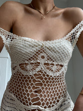 Load image into Gallery viewer, 1970’s Vintage Knit Cream Cotton Fishnet Mini Dress/ Swimsuit Coverup (XS-M)
