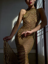 Load image into Gallery viewer, Glimmering Rhinestone Embellished Y2K Golden Goddess Evening Gown ( XS-M)
