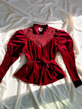 Load image into Gallery viewer, 1990’s Renaissance Inspired Romantic Red Velour Peplum Top- Upcycled by Bella Rosalia (XS-M)
