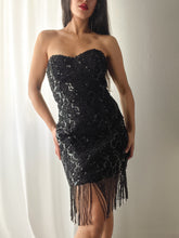 Load image into Gallery viewer, 1980’s Vintage Black Sequin Beaded Fringe Minidress (M)- Made in USA
