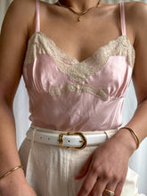 Load image into Gallery viewer, Y2K 100% Charmeuse Silk Ballet Slipper Pink Tank Top with Cream Lace Trim. (XS-M)
